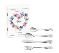 MAVERTON Kids Silverware in a Wooden Box - Personalised Animals Cutlery Set - Stainless Steel Engraved Utensil Set - for Girls - Heart