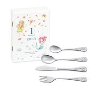 MAVERTON Kids Silverware in a Wooden Box - Personalised Animals Cutlery Set - Stainless Steel Engraved Utensil Set - for Girls - Mermaid