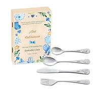 Maverton Kids Silverware in a Wooden Box - Personalised Animals Cutlery Set - Stainless Steel Engraved Utensil Set - for Boys - ABC
