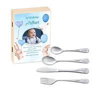 Maverton Kids Silverware in a Wooden Box - Personalised Animals Cutlery Set - Stainless Steel Engraved Utensil Set - for Boys - Blue