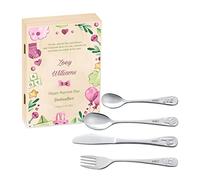 Maverton Kids Silverware in a Wooden Box - Personalised Animals Cutlery Set - Stainless Steel Engraved Utensil Set - for Girls - Bow