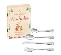 Maverton Kids Silverware in a Wooden Box - Personalised Animals Cutlery Set - Stainless Steel Engraved Utensil Set - for Girls - Bunnies