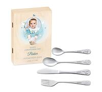 Maverton Kids Silverware in a Wooden Box - Personalised Animals Cutlery Set - Stainless Steel Engraved Utensil Set - for Boys - Flight