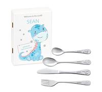 MAVERTON Kids Silverware in a Wooden Box - Personalised Animals Cutlery Set - Stainless Steel Engraved Utensil Set - for Boys - Dinosaur