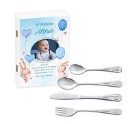 MAVERTON Kids Silverware in a Wooden Box - Personalised Animals Cutlery Set - Stainless Steel Engraved Utensil Set - for Boys - Blue