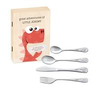 Maverton Kids Silverware in a Wooden Box - Personalised Animals Cutlery Set - Stainless Steel Engraved Utensil Set - for Boys - Dragon
