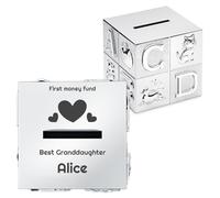 Maverton Money Saving Tin, Personalised Cash Box for Saving, Fund | Kids Money Box, Coin Bank with engraving for Birthday, Cute Unbreakable Mini Safe with Alphabet and Animal Print