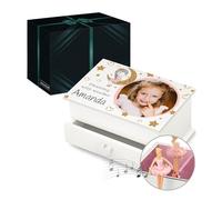 Maverton Personalised Ballerina Jewellery Box with Drawer - White Organiser for Women and Girls - Music Box Feature - Pink