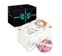 Maverton Personalised Ballet Dancer Box with Hand Crank - Jewellery Music Box for Girls - White Wooden Case with Mirror - Overprinted Box for Birthday - Musical Box for her - Moon