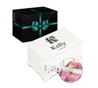 Maverton Personalised Ballet Dancer Music Box for Woman - Jewellery Treasure Box for Girls - White Wooden Case with Mirror - for Birthday - Overprinted Storage Box for her - Simple
