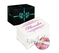 Maverton Personalised Ballet Dancer Music Box for Woman - Jewellery Treasure Box for Girls - White Wooden Case with Mirror - for Birthday - Overprinted Storage Box for her - Princess