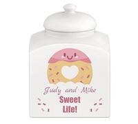 Maverton Personalised Cookie Jar for couple - Ceramic Storage with Lid - Ceramic Candy Container for Wedding - Biscuits Storage Jar for Anniversary - Home Accessory for pair - DONUT