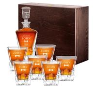 Maverton Personalised Whiskey Decanter and 6 Glasses for Man - Elegant Whiskey Set with Engraving - Ice Cubes Model - Stylish barware for Birthday - for Whisky connoisseurs - Bow