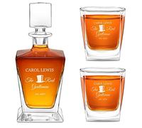Maverton Personalised Whiskey Set for Man - Carafe with 2/4/ 6 Glasses for him - Stylish Barware for Birthday - for Whisky Connoisseurs - Decanter and 2 Glasses with Engraving - Hat