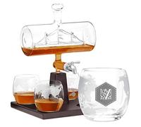 Maverton Personalised Whisky Decanter Brandy Rum Bourbon Whiskey Set - 4 Brandy Whisky Glasses with Engraving - Original 1000 ml Decanter Set with Ship Inside - Monogram