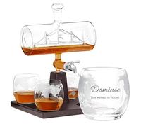 Maverton Personalised Whisky Decanter Brandy Rum Bourbon Whiskey Set - 4 Brandy Whisky Glasses with Engraving - Original 1000 ml Decanter Set with Ship Inside - The World is Yours