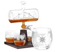 Maverton Personalised Whisky Decanter Brandy Rum Bourbon Whiskey Set - 4 Brandy Whisky Glasses with Engraving - Original 1000 ml Decanter Set with Ship Inside - Compass