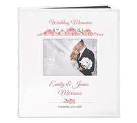 Maverton Photo Album for couples- White cover with a photo frame and a stylish print - 60 black pages to fill in - Up to 240 images in multiple size - Personalised wedding gift (Roses)