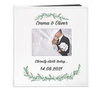 Maverton Photo Album for couples- White cover with a photo frame and a stylish print - 60 black pages to fill in - Up to 240 images in multiple size - Personalised wedding gift - olives