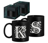Maverton Set of 2 Ceramic Cups - Couples Cups - Personalised Ceramic Tea Mugs - Matching Cups with Prints - Customised Mug Set for Pair - for Wedding - Black - Initial