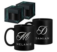 Maverton Set of 2 Ceramic Cups, Personalised Ceramic Tea Mugs, Black, Name | Couples Cups, Matching Cups with Prints, Customised Mug Set for Pair, for Wedding