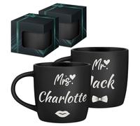 Maverton Set of 2 Cups for Friends - Customised Couple Mug Set - Matching Cups with Prints for Birthday - Housewarming Wedding Set - Coffee and Tea Mugs with Black Interior - Mr & Mrs