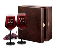 Maverton Set of 2 Engraved Glasses With Black Stem - Personalized Glassware for Wedding, Anniversary - Elegant Gift for Couples - Love