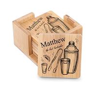 Maverton Set of 6 personalised coasters for man - Heat resistant - Square bamboo coasters with holder - Home accessories for him - Personalised wooden accessory - bartender