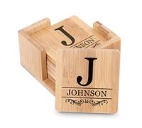 Maverton Set of 6 personalised coasters for man - Heat resistant - Square bamboo coasters with holder - Home accessories for him - Personalised wooden accessory - classic