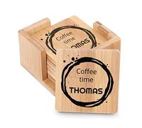 Maverton Set of 6 personalised coasters for man - Heat resistant - Square bamboo coasters with holder - Home accessories for him - Personalised wooden accessory - coffee time