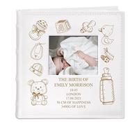 Maverton Slip-In Photo Album- engravable white cover with a photo frame- 100 pages to fill in with up to 200 images- personalized birthday gift- Baptism or Communion momento - baby