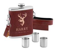 Maverton Stainless Steel Pocket Flask - Personalized- 250 ml Container for Drinking - Brown Pocket Bottle with 3 x 10 ml Cups - Stylish Item idea for Men - Deer