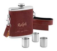 Maverton Stainless Steel Pocket Flask - Personalized- 250 ml Container for Drinking - Brown Pocket Bottle with 3 x 10 ml Cups - Stylish Item idea for Men - Name and Year