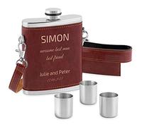 Maverton Stainless Steel Pocket Flask - Personalized- 250 ml Container for Drinking - Brown Pocket Bottle with 3 x 10 ml Cups - Stylish Item idea for Men - Best Man