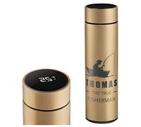 Maverton Travel Mug with Engraving for Man - 450 ml Vacuum Insulated Flask - Removable Tea Infuser - Personalised Gold Mug for Birthday - LED Temperature Display - for him - Fishing