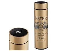 Maverton Travel Mug with Engraving for Man - 450 ml Vacuum Insulated Flask - Removable Tea Infuser - Personalised Gold Mug for Birthday - LED Temperature Display - for him - Mountain