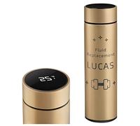 Maverton Travel Mug with Engraving for Man - 450 ml Vacuum Insulated Flask - Removable Tea Infuser - Personalised Gold Mug for Birthday - LED Temperature Display - for him - Gym