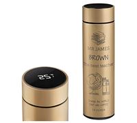 Maverton Travel Mug with Engraving for Man - 450 ml Vacuum Insulated Flask - Removable Tea Infuser - Personalised Gold Mug for Birthday - LED Temperature Display - for him - Globe