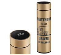 Maverton Travel Mug with Engraving for Man - 450 ml Vacuum Insulated Flask - Removable Tea Infuser - Personalised Gold Mug for Birthday - LED Temperature Display - for him - Driver