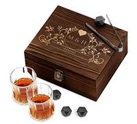 Maverton - Whiskey Stones Gift Set - Chilling Rocks in Wooden Engraved Box - 8 Reusable ice Cubes with 2 Glasses - Unique Gifts for a Whiskey Lover - Personalised Wedding Gift - Love