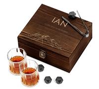 Maverton Whiskey Stones Set with 2 Glasses - Chilling Rocks in Wooden Engraved Box - 8 Reusable ice Cubes - Present for a Whiskey Lover - Birthday Gift for Men - for Connoisseur - Power