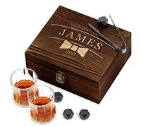 Maverton Whiskey Stones Set with 2 Glasses - Chilling Rocks in Wooden Engraved Box - 8 Reusable ice Cubes - Present for a Whiskey Lover - Birthday Gift for Men - for Connoisseur - Gentleman