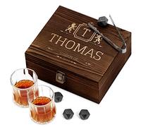 Maverton Whiskey Stones Set with 2 Glasses - Chilling Rocks in Wooden Engraved Box - 8 Reusable ice Cubes - Present for a Whiskey Lover - Birthday Gift for Men - for Connoisseur - Letter
