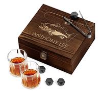 Maverton Whiskey Stones Set with 2 Glasses - Chilling Rocks in Wooden Engraved Box - 8 Reusable ice Cubes - Present for a Whiskey Lover - Birthday Gift for Men - for Connoisseur - Fish