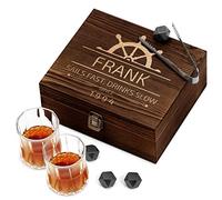 Maverton Whiskey Stones Set with 2 Glasses - Chilling Rocks in Wooden Engraved Box - 8 Reusable ice Cubes - Present for a Whiskey Lover - Birthday Gift for Men - for Connoisseur - Sailor