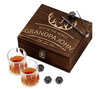 Maverton Whiskey Stones Set with 2 Glasses - Chilling Rocks in Wooden Engraved Box - 8 Reusable ice Cubes - Present for a Whiskey Lover - Birthday Gift for Men - for Connoisseur - Grandpa