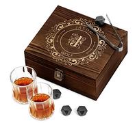 Maverton Whiskey stones set with 2 glasses - Chilling rocks in wooden engraved box - 8 reusable ice cubes - Present for a whiskey lover - Birthday gift for men - for connoisseur - ORNAMENT