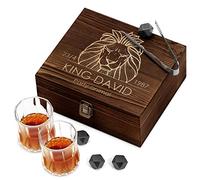 Maverton Whiskey Stones Set with 2 Glasses - Chilling Rocks in Wooden Engraved Box - 8 Reusable ice Cubes - Present for a Whiskey Lover - Birthday Gift for Men - for Connoisseur - Lion