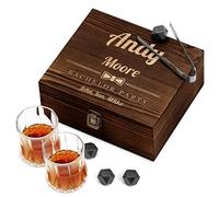 Maverton Whiskey stones set with 2 glasses for man - Chilling rocks in wooden engraved box - 8 reusable ice cubes - Present for a whiskey lover - Gift For connoisseur - Party