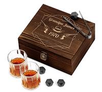 Maverton Whiskey stones set with 2 glasses for man - Chilling rocks in wooden engraved box - 8 reusable ice cubes - Present for a whiskey lover - Gift For connoisseur - Western